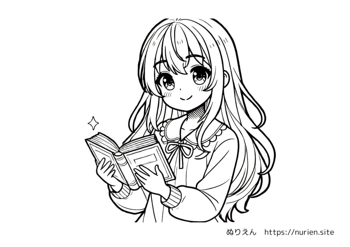 ぬりえ：読書する女の子