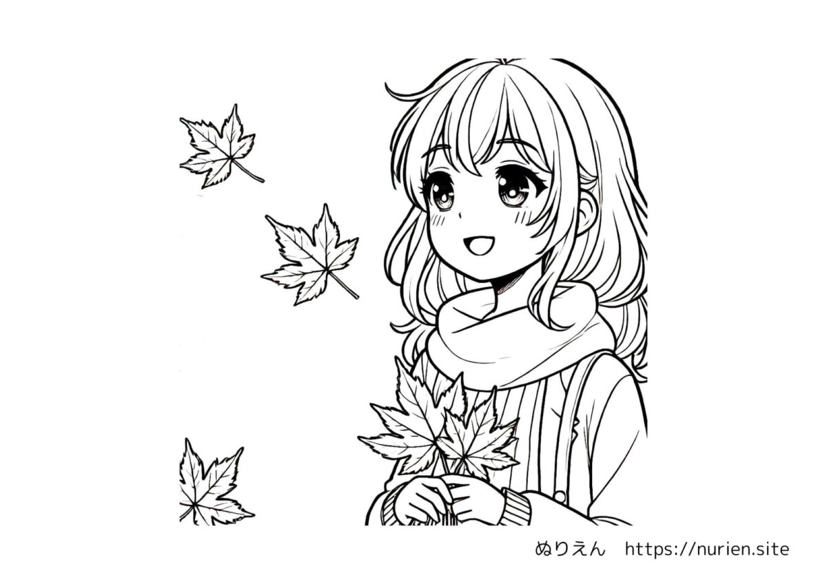 ぬりえ：紅葉と女の子