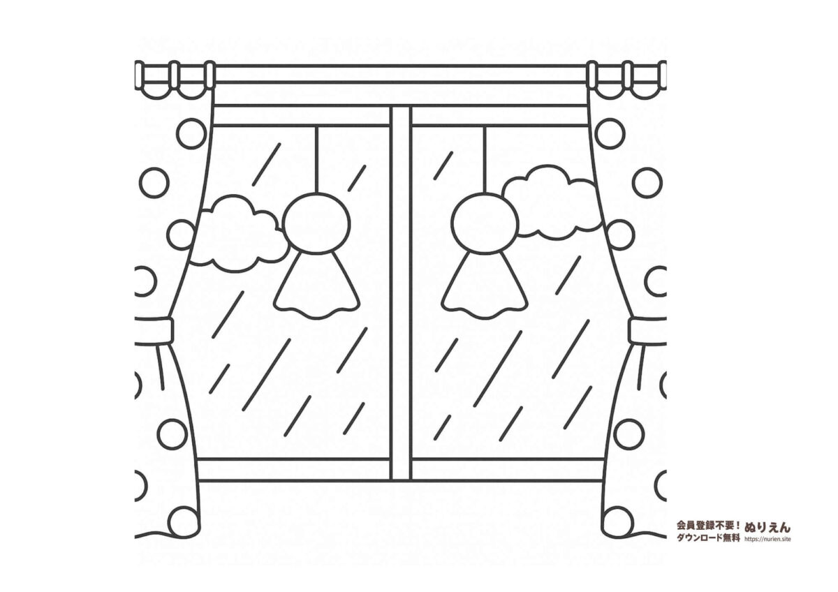 雨の降る窓辺に吊るされた2つのてるてるぼうずが描かれた、梅雨のぬりえ素材。子ども向けの優しい線画。