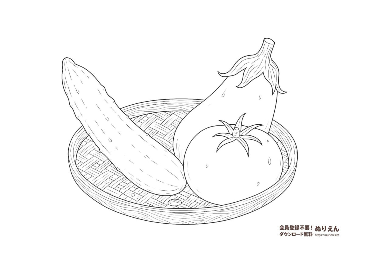 ざるに盛られたきゅうり、なす、トマトの夏野菜ぬりえ。リアルな線画で描かれた子ども向けの塗り絵素材。家庭学習や食育にもおすすめ。