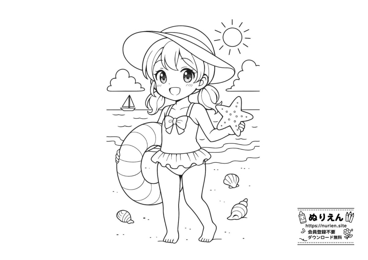 水着を着て海で遊ぶ女の子のぬりえ