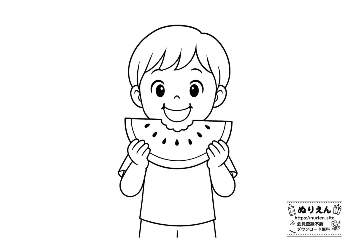 スイカを食べている男の子のぬりえ