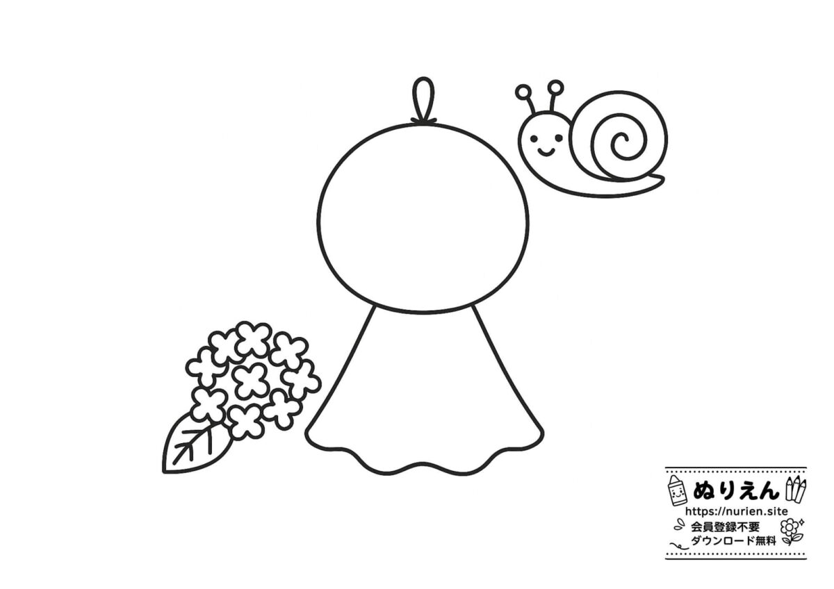 てるてるぼうず・かたつむり・あじさいが描かれた梅雨のぬりえ。子ども向けのかわいい塗り絵素材。