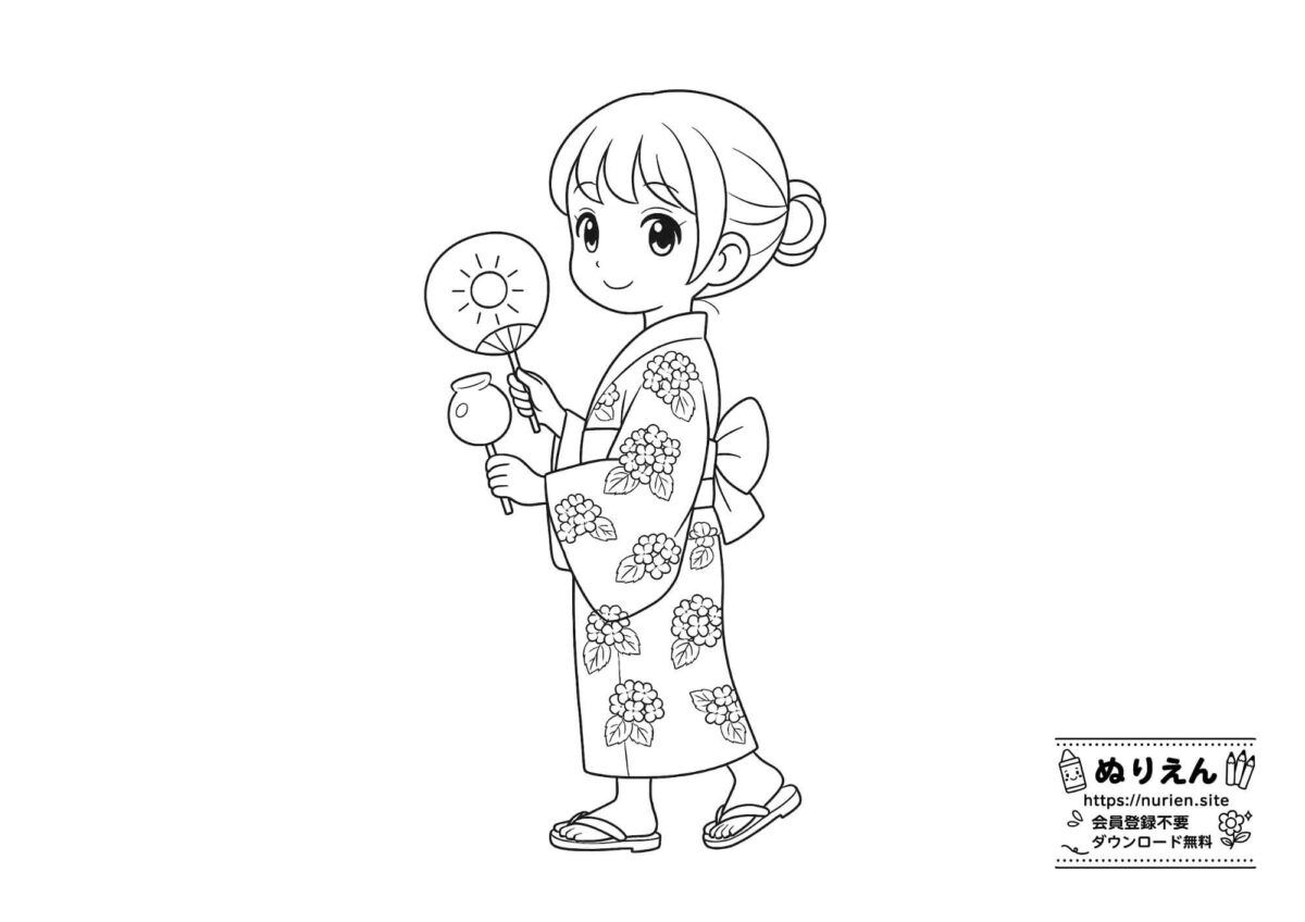 浴衣の女の子のぬりえ