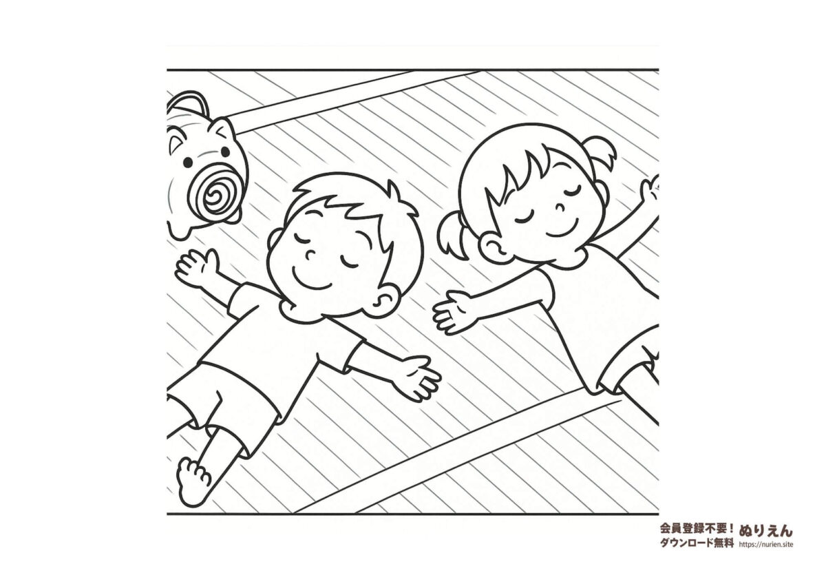畳の上でくつろぐ子どもたちの無料ぬりえ｜夏の懐かしい風景・高齢者向け塗り絵素材