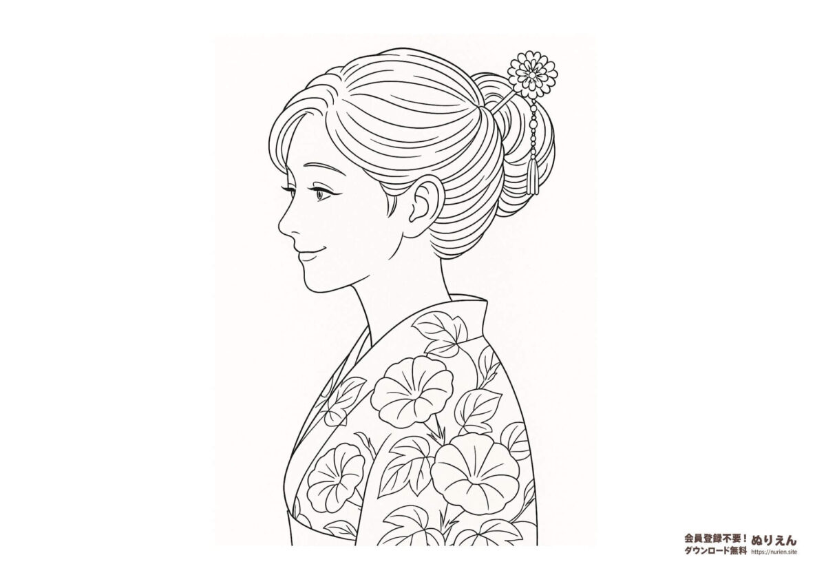 朝顔柄の浴衣を着た女性の横顔を描いた大人向け和風ぬりえ素材｜夏の上品な塗り絵