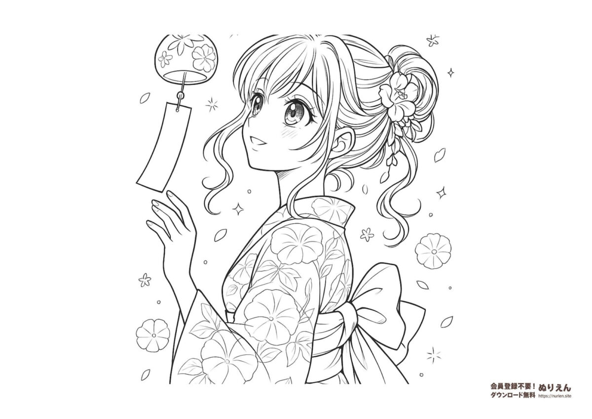 浴衣姿の女性が風鈴を見上げる大人向けの夏のぬりえ|朝顔柄と繊細な線画が美しい無料素材