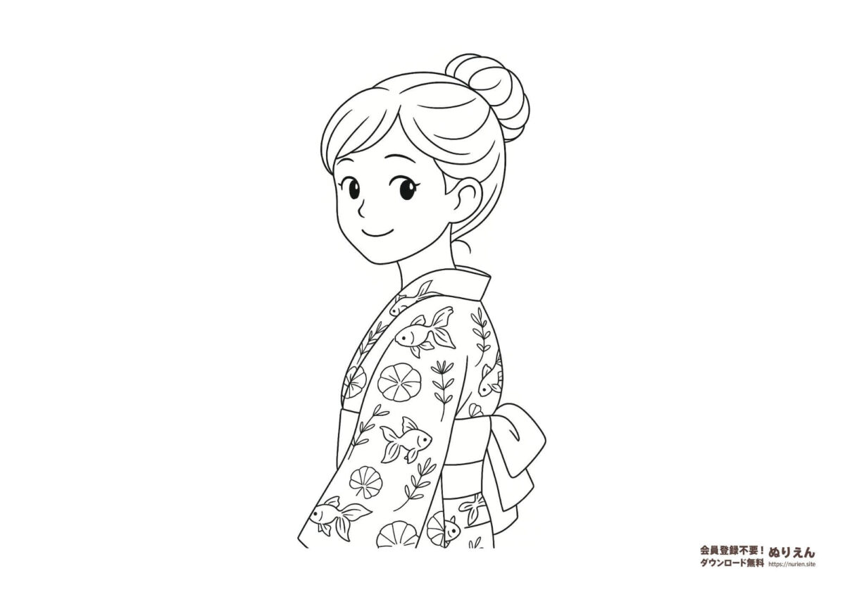 金魚柄の浴衣を着て振り向く笑顔の女の子のぬりえ｜夏祭りにぴったりな子ども向け無料素材