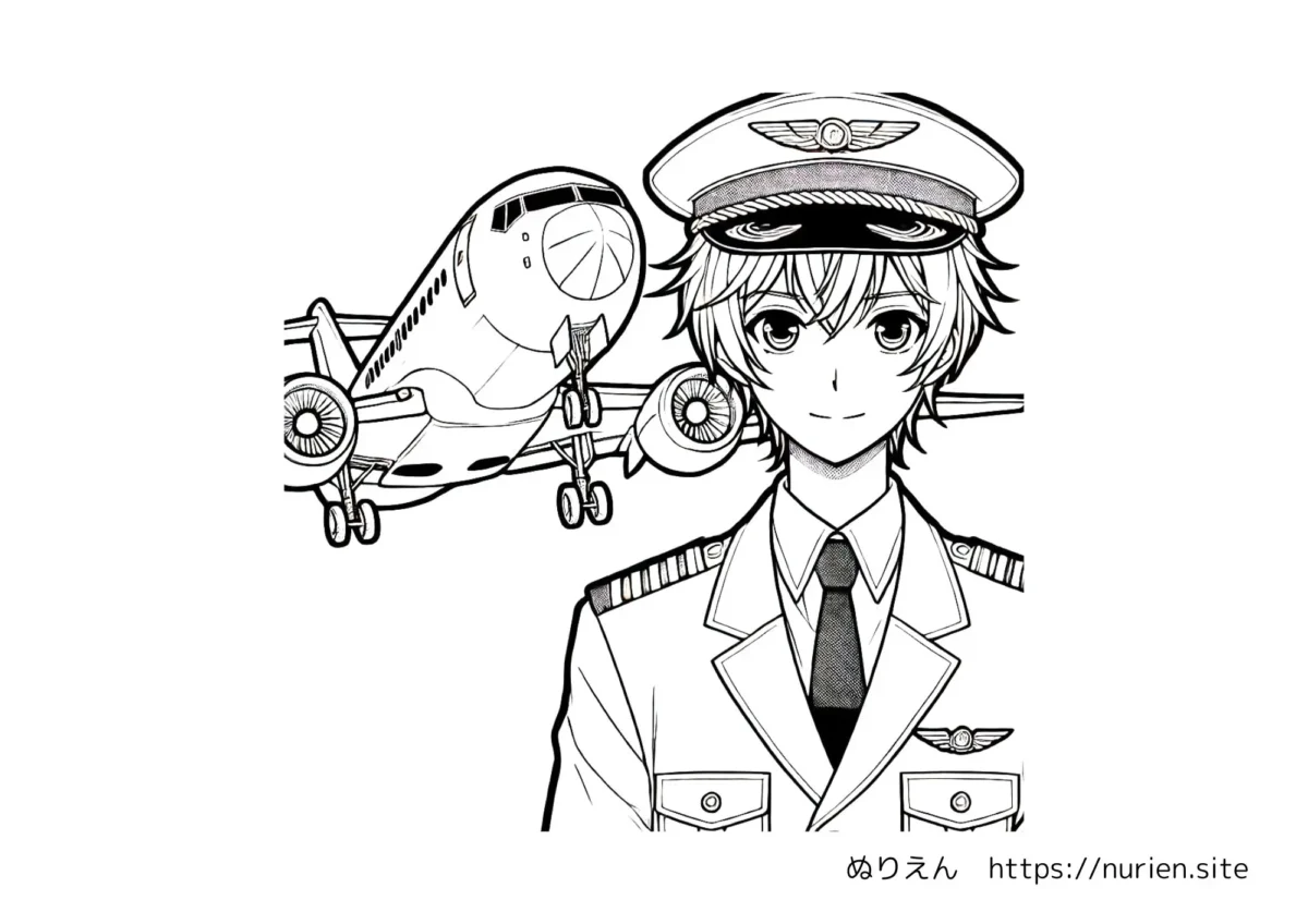 制服姿のかっこいい男性パイロットと飛行機のぬりえイラスト。子どもが楽しく遊べる職業テーマ。