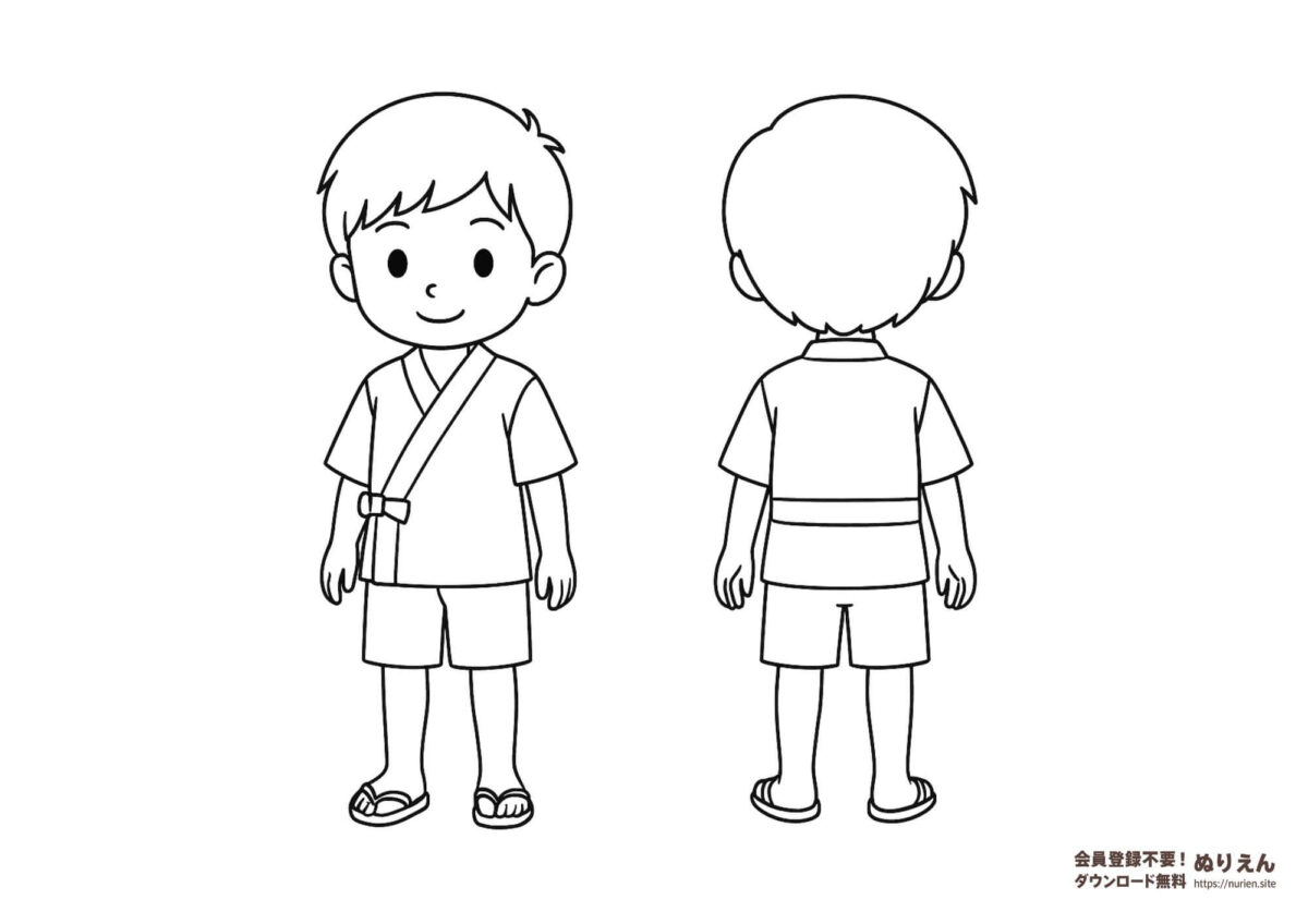 甚平を着た男の子のぬりえ｜前後の姿が描かれた夏祭り用イラスト素材