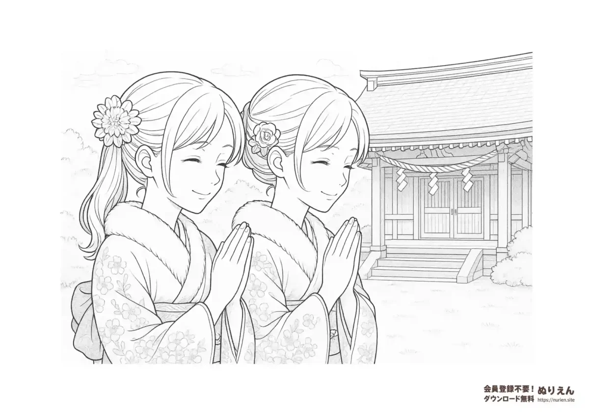 振袖を着た女性二人が神社で初詣の参拝をする和風のぬりえイラスト。新年らしい落ち着いた雰囲気の大人向け塗り絵。