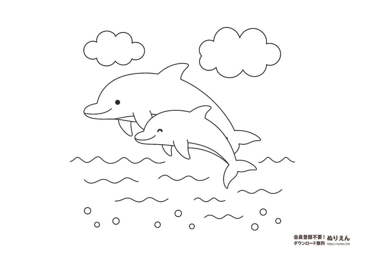 イルカの親子が海をジャンプするぬりえ｜夏にぴったりな子ども向け無料塗り絵素材