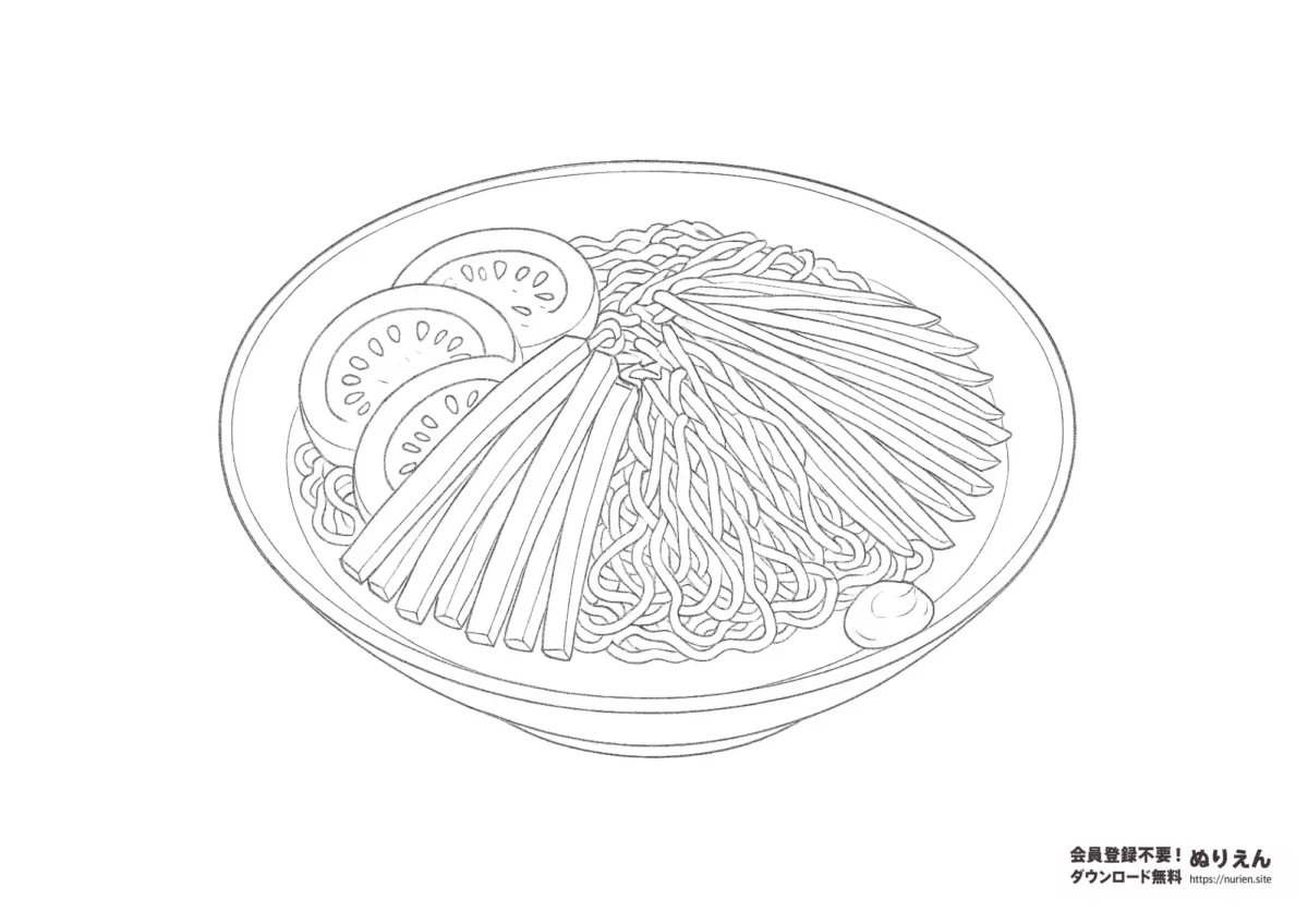 冷やし中華の具材と麺が美しく描かれた夏にぴったりのぬりえ。子どもから大人まで楽しめる食べ物のぬりえ。