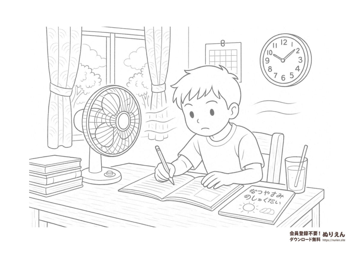夏休みの宿題に取り組む男の子のぬりえ｜小学生の勉強・自由研究にぴったりの塗り絵素材