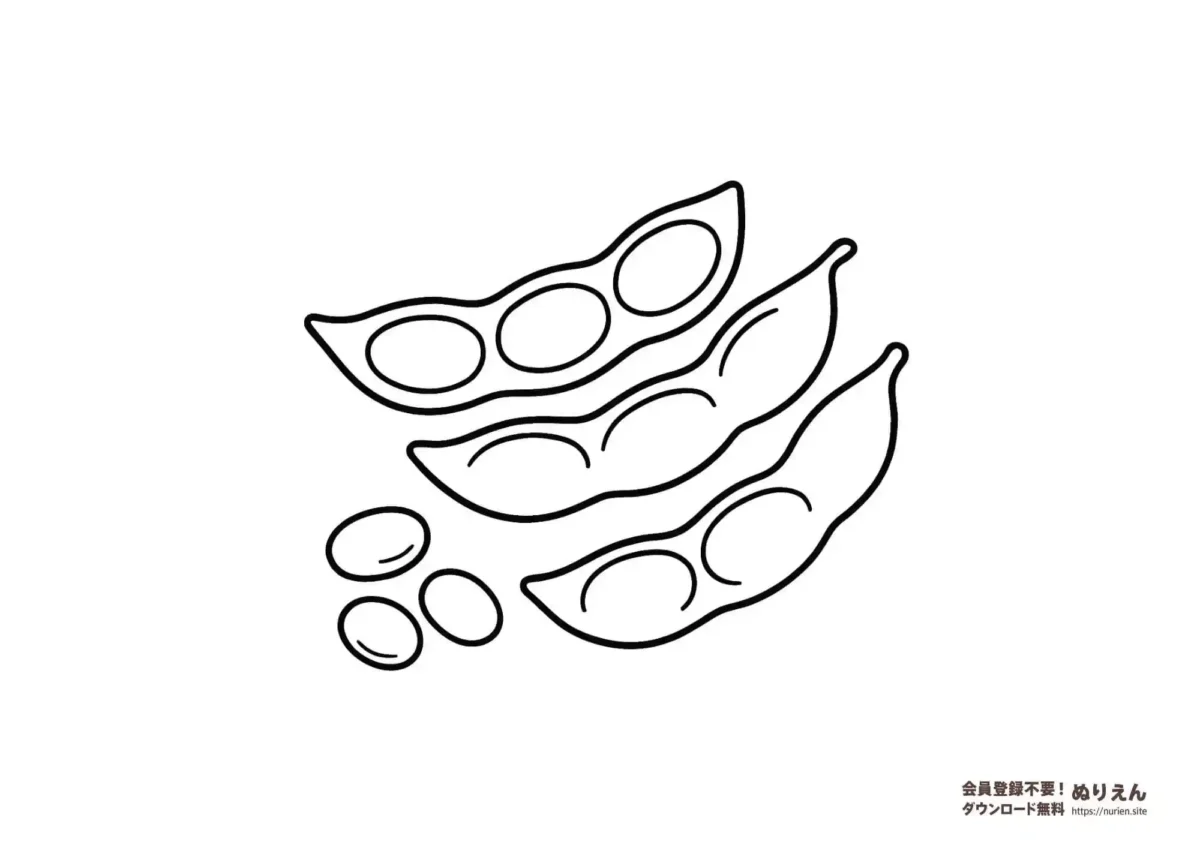 夏の風物詩・枝豆のぬりえ。さやから出た豆とさやの両方が描かれた、子どもでも塗りやすいシンプルな塗り絵。