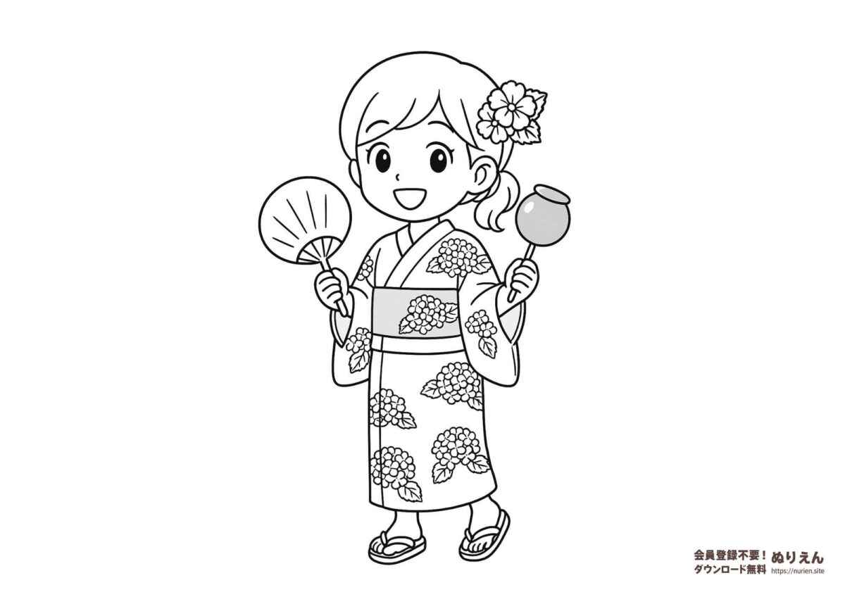 浴衣を着て夏祭りを楽しむ女の子のぬりえ｜うちわとりんご飴を持つ笑顔のイラスト