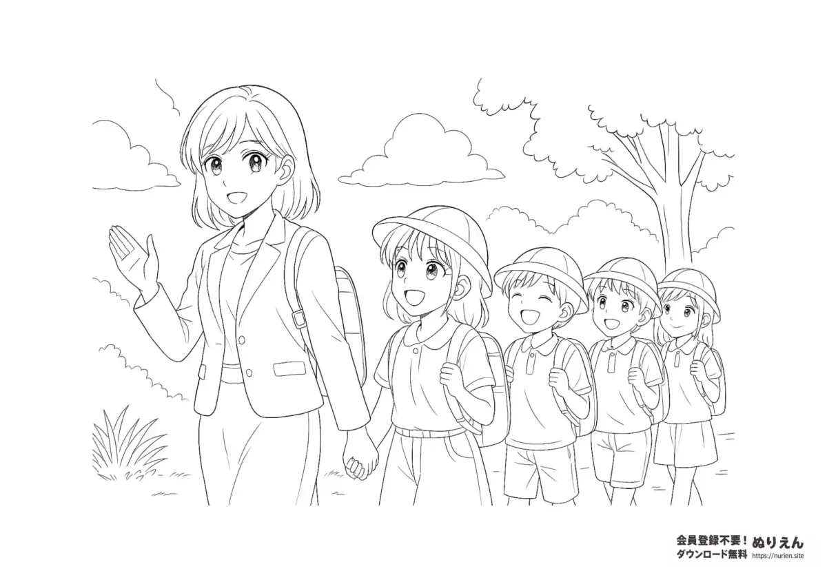 先生に引率されて楽しそうに歩く小学生たちの遠足のぬりえ。帽子とリュック姿で列を作って歩いている様子。