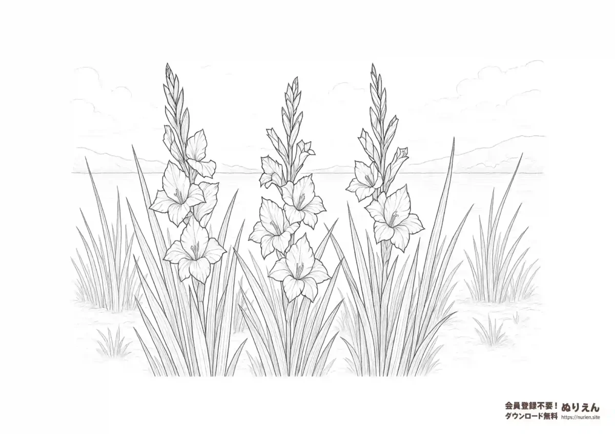 湖畔の風景とグラジオラスの花を描いた大人向けのぬりえ。繊細な線画で自然の美しさを表現。