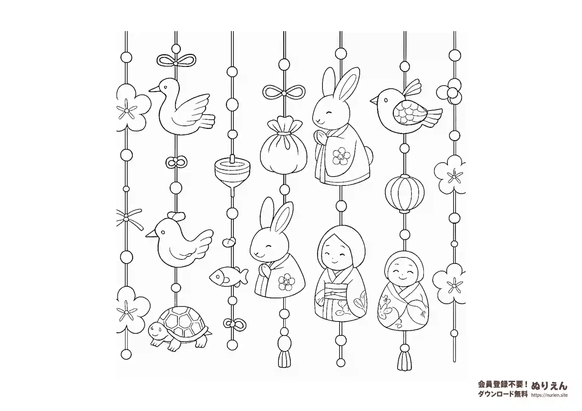 うさぎや鳥、こけし、花などの和風モチーフが並ぶ、つるし雛（つるし飾り）のぬりえ。日本の伝統行事にふさわしい華やかな塗り絵素材。