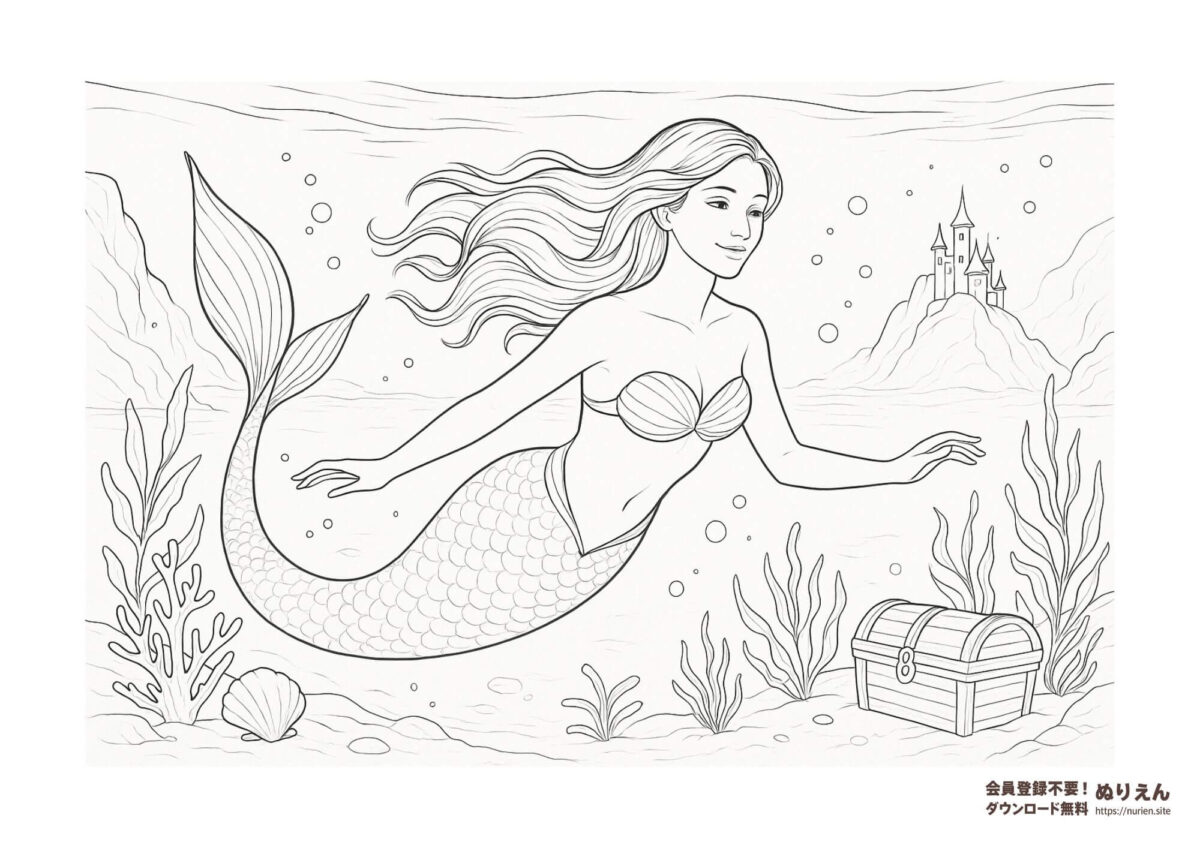 大人向け人魚姫のぬりえ｜海中を泳ぐマーメイドと宝箱の線画イラスト