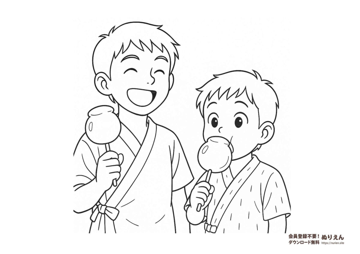 浴衣の男の子たちとりんご飴のぬりえ|夏祭りを楽しむ無料塗り絵
