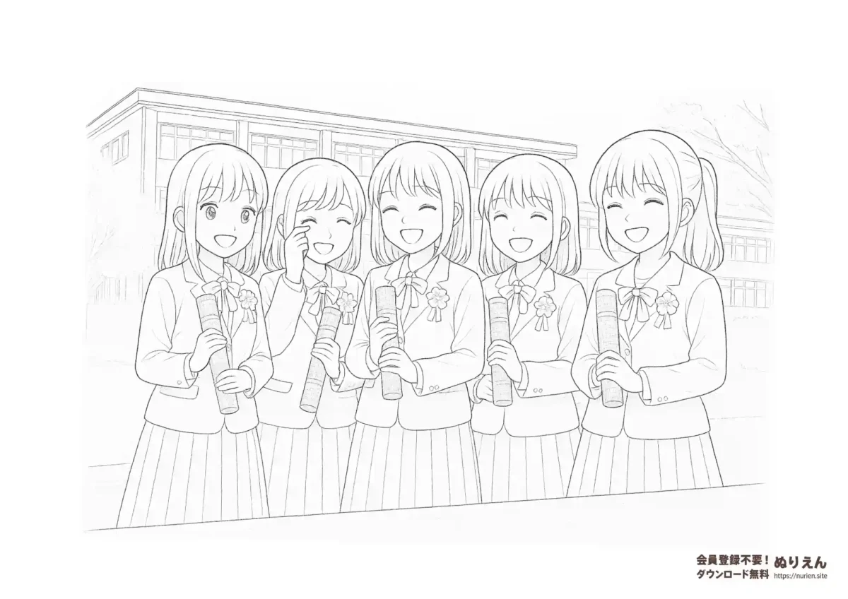 卒業証書を手にした女子学生たちが笑顔で並ぶ卒業式のぬりえ。希望に満ちた春の思い出を描ける塗り絵。