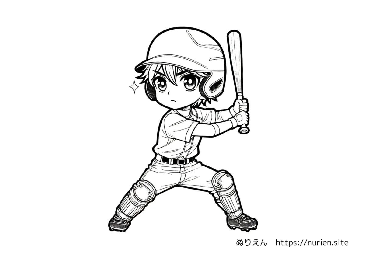 バッターボックスで構えをとる野球少年のぬりえイラスト。スポーツをテーマにした子ども向け塗り絵。