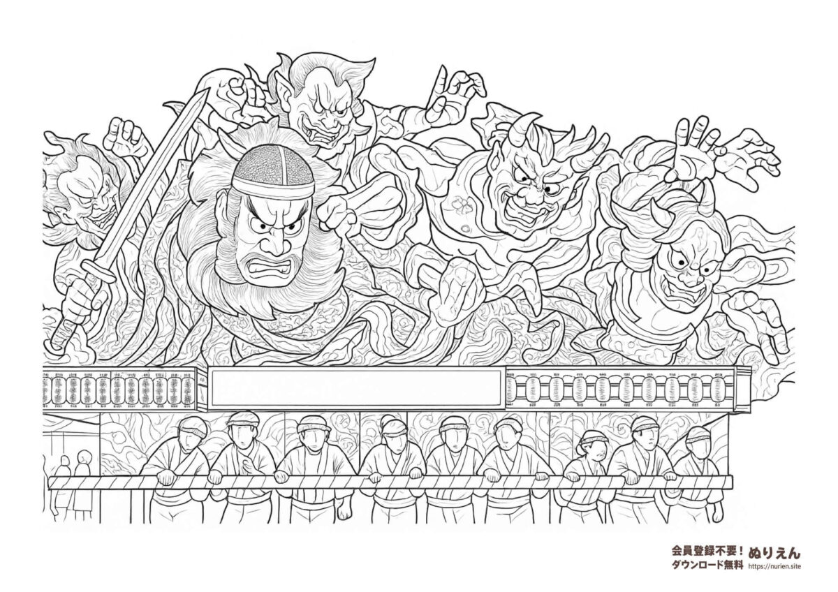 ねぶた祭りの山車ぬりえ｜武者と鬼が迫力満点の伝統行事イラスト
