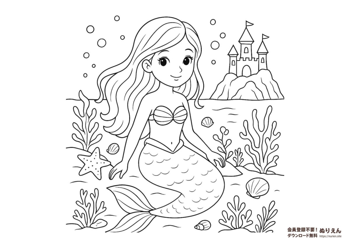 人魚姫のぬりえ｜海の中で微笑むマーメイドとお城の背景