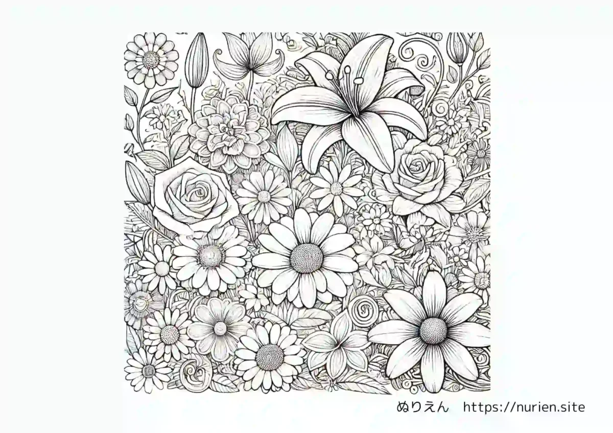 バラやユリ、ガーベラなどの繊細な花々が描かれた、大人向けのぬりえ。集中して楽しめる美しい花束の塗り絵素材。