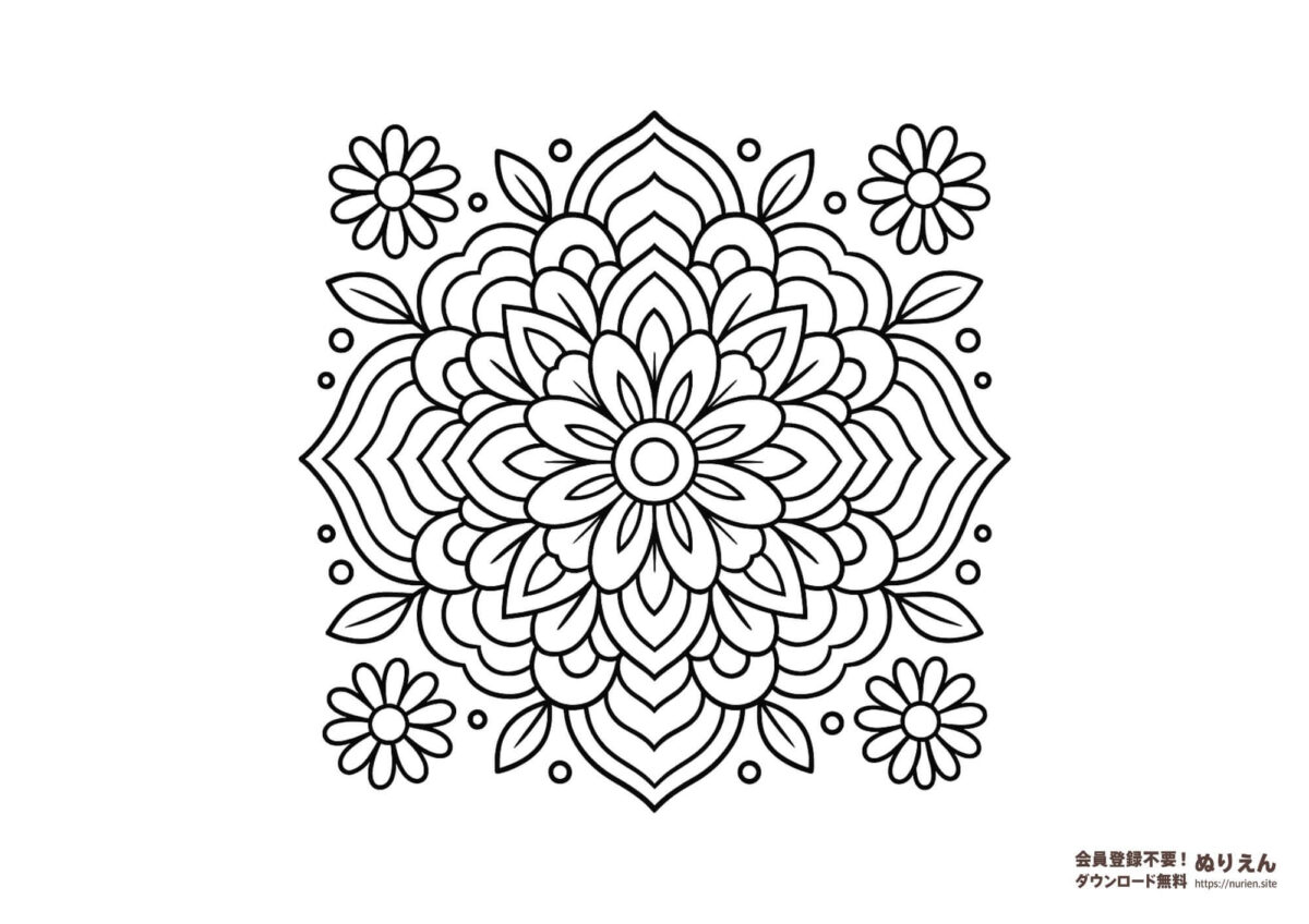 シンプルな花模様のぬりえ｜大人向けのフラワーパターンでリラックスできる無料塗り絵素材