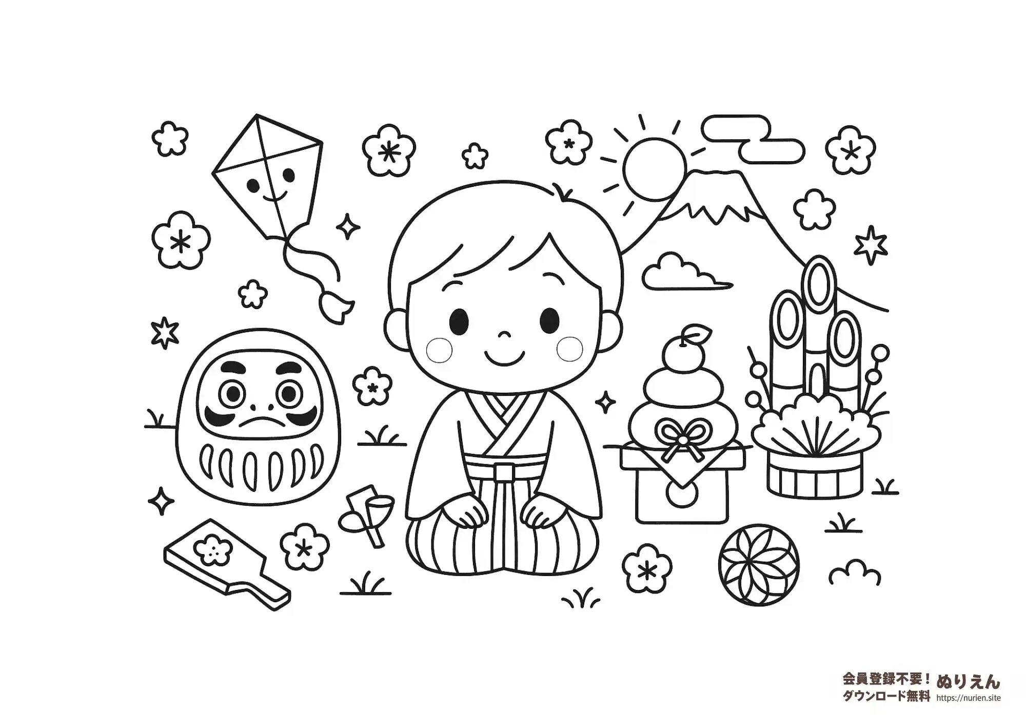 お正月の装いをした男の子と、だるま・門松・富士山・鏡餅などの縁起物が描かれた和風のぬりえイラスト