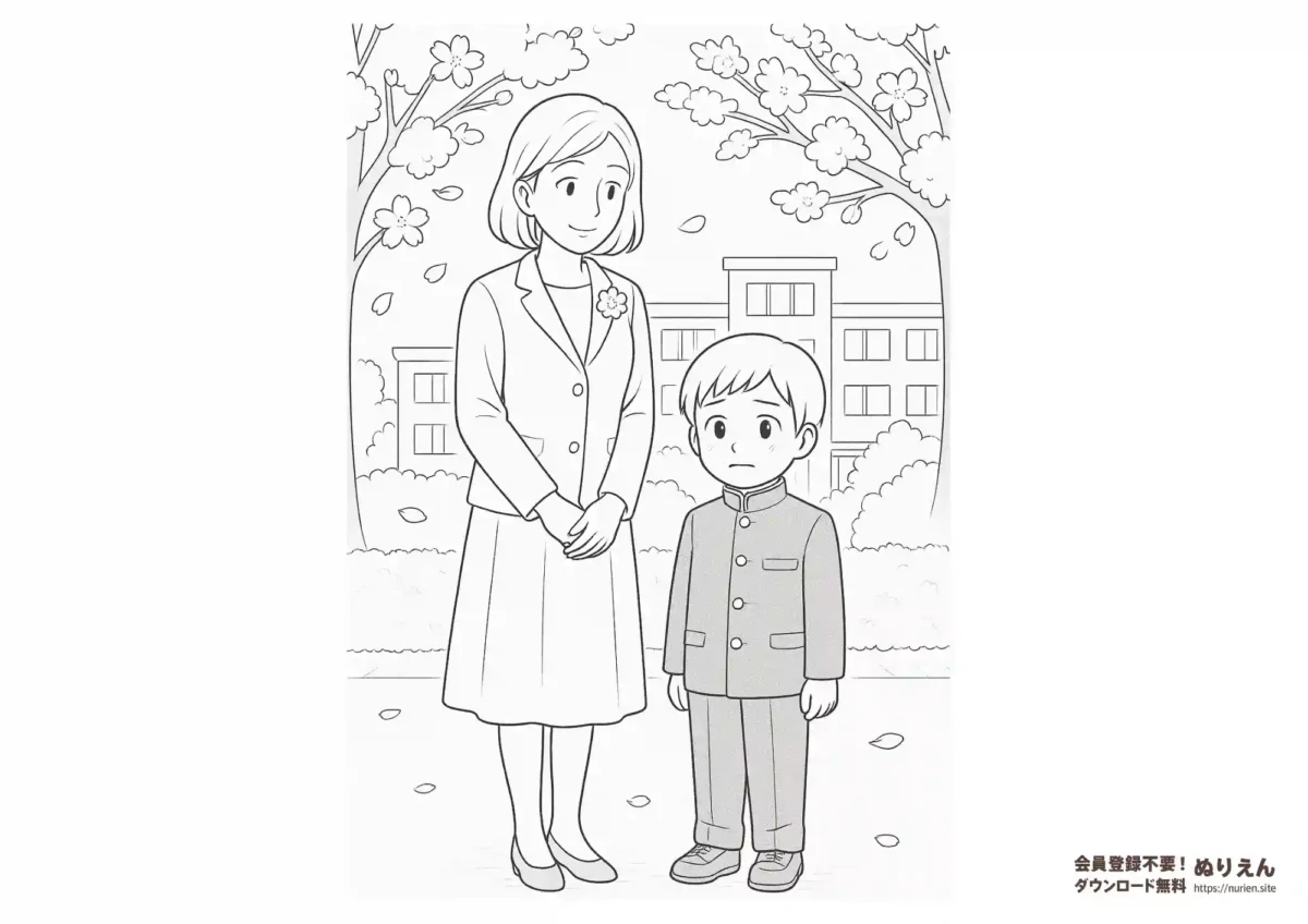 入学式に出席した緊張気味の男の子と優しく見守る母親のぬりえ。桜の舞う春の学校を背景にした温かいシーン。