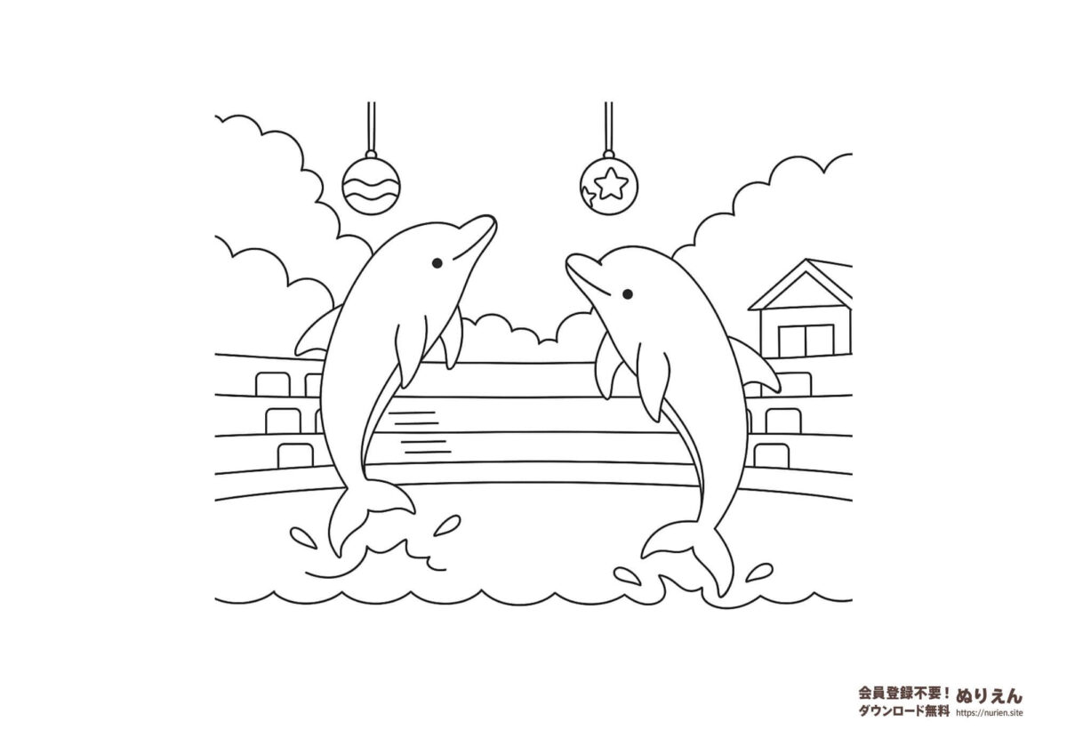 イルカショーでジャンプするイルカたちのぬりえ｜水族館をテーマにした子ども向け塗り絵素材