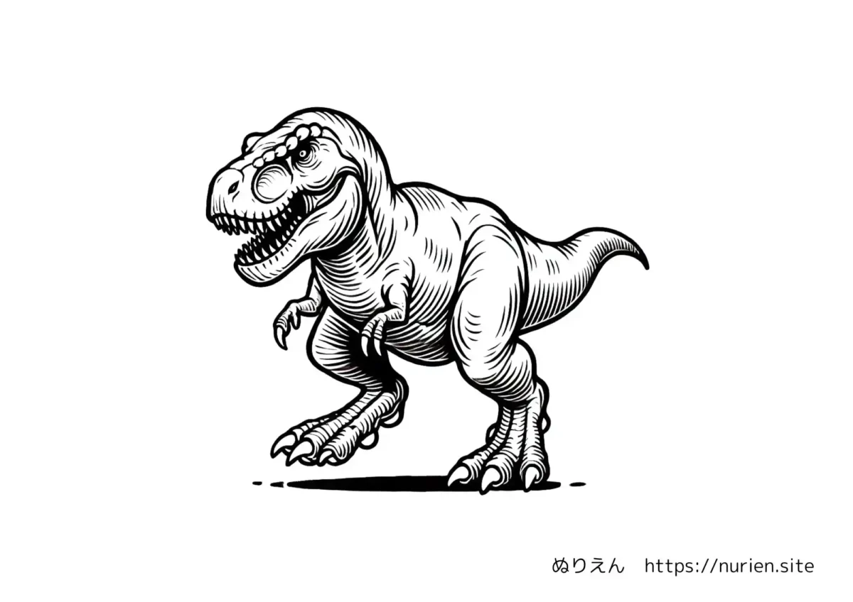 迫力満点のリアルなティラノサウルスのぬりえ。力強いポーズで恐竜の魅力をたっぷり楽しめる塗り絵素材。
