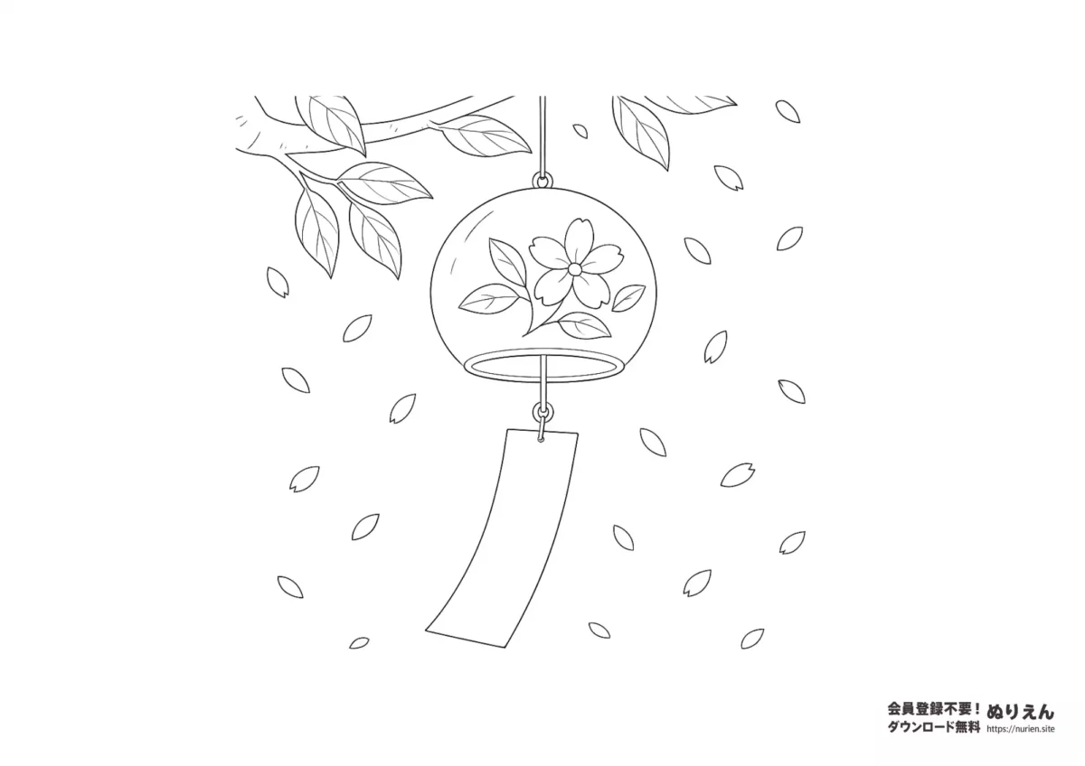 夏の風物詩である風鈴のぬりえ。木の枝に吊るされた風鈴が葉の舞う中で揺れている様子を描いた涼しげなイラスト。