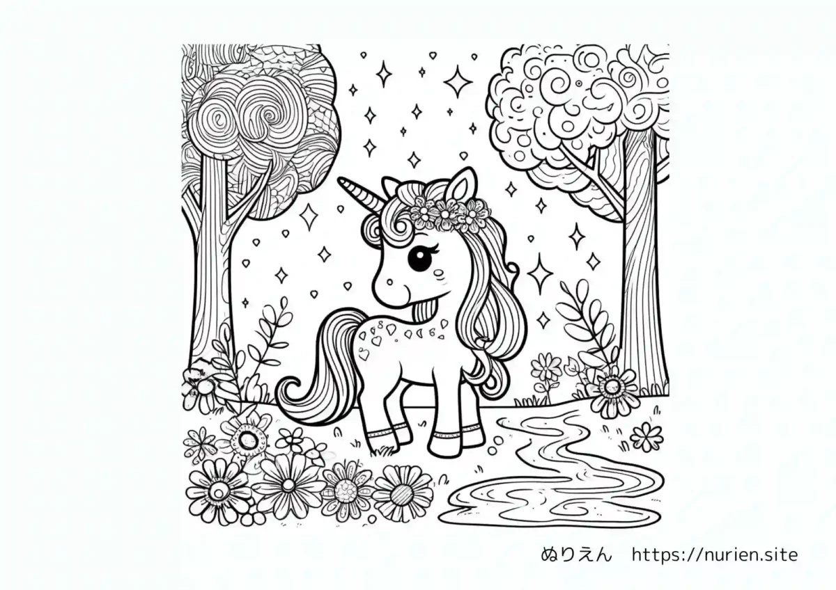 森の中でたたずむかわいいユニコーンのぬりえ。花やキラキラに囲まれてメルヘンな世界が広がる塗り絵素材。