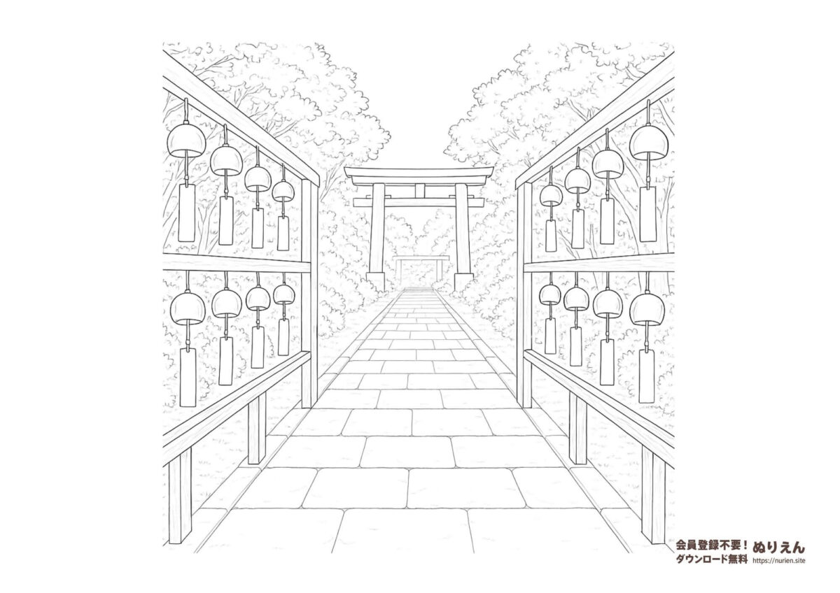 風鈴が並ぶ神社の参道を描いた夏の風景ぬりえ（無料ダウンロード・大人向け線画）