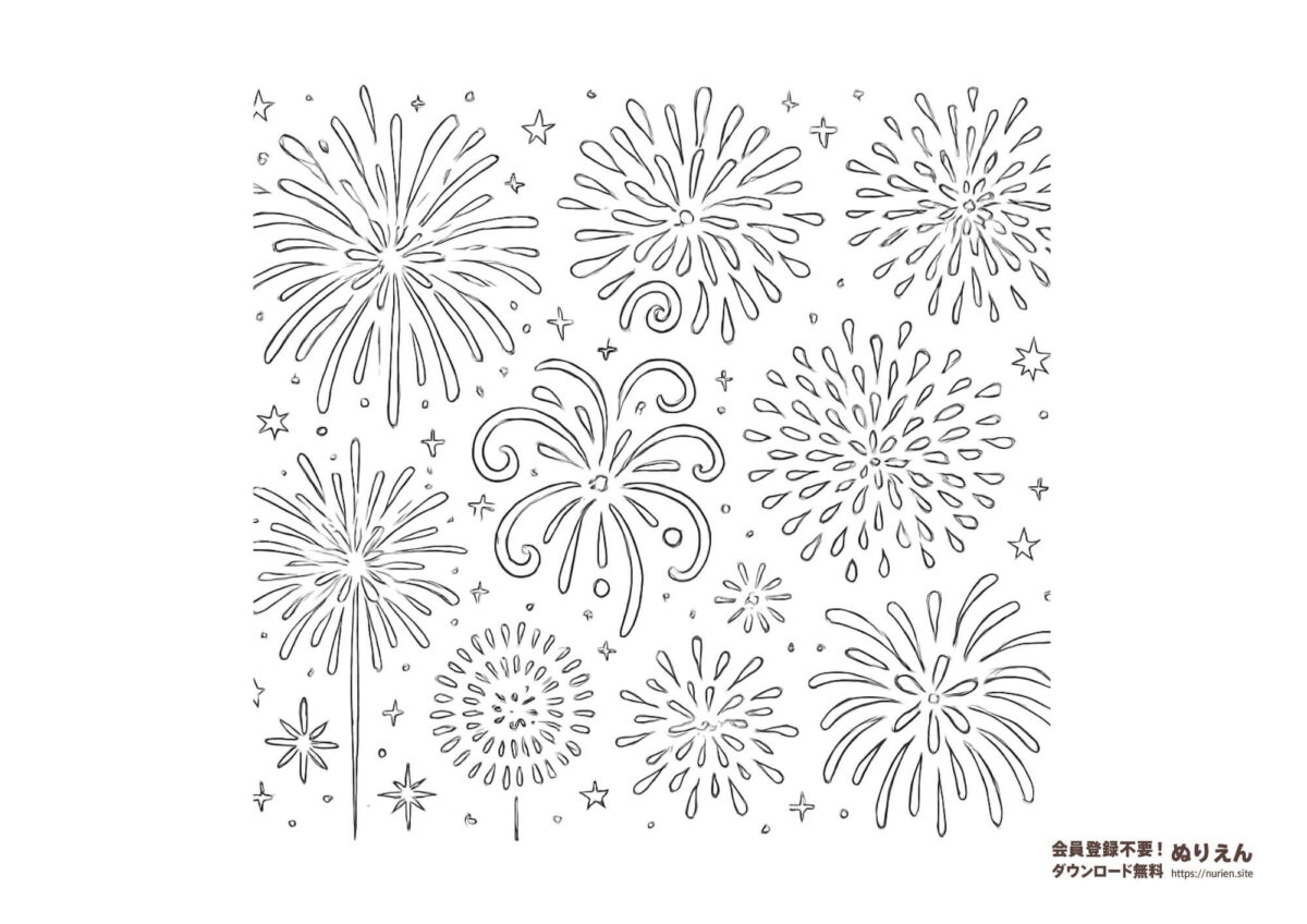 大人向けの曼荼羅風花火ぬりえ。さまざまな花火が夜空に広がる美しい塗り絵デザイン（無料ダウンロード可能）