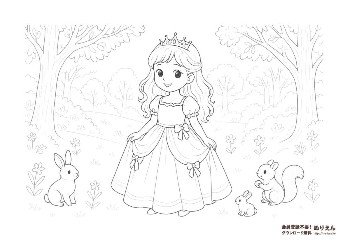 森の中のお姫さまと動物たちの無料ぬりえ｜ファンタジーでかわいい線画イラスト素材