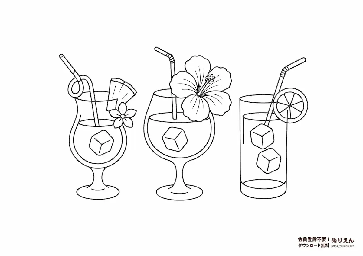 トロピカルカクテルやフルーツドリンクを描いた夏にぴったりのぬりえ|ハイビスカスやパイナップルが可愛い無料塗り絵素材