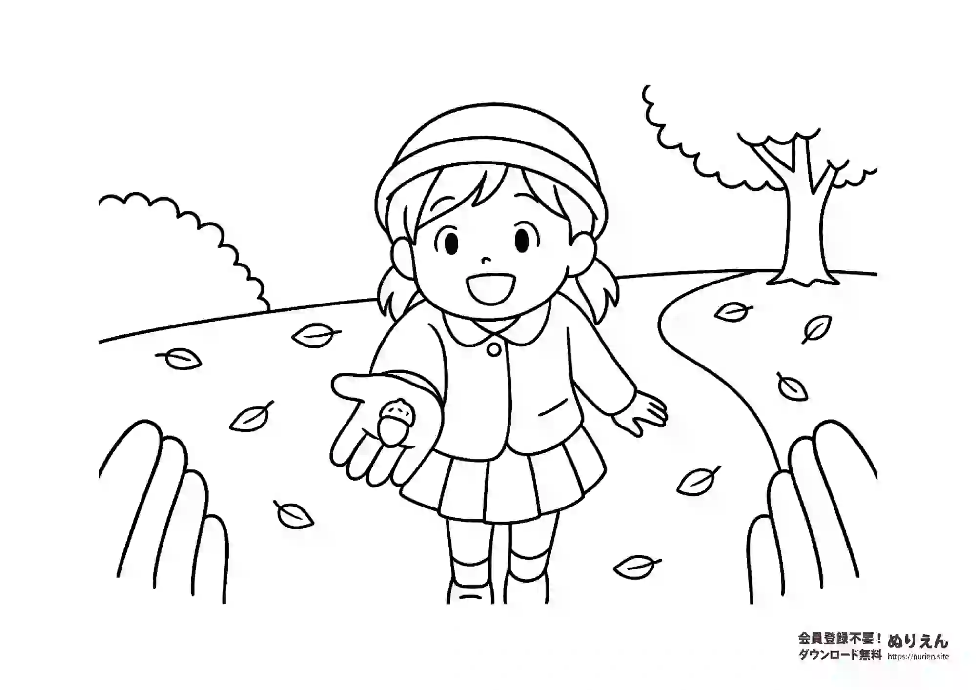 どんぐりを見せる女の子のぬりえ 秋の森