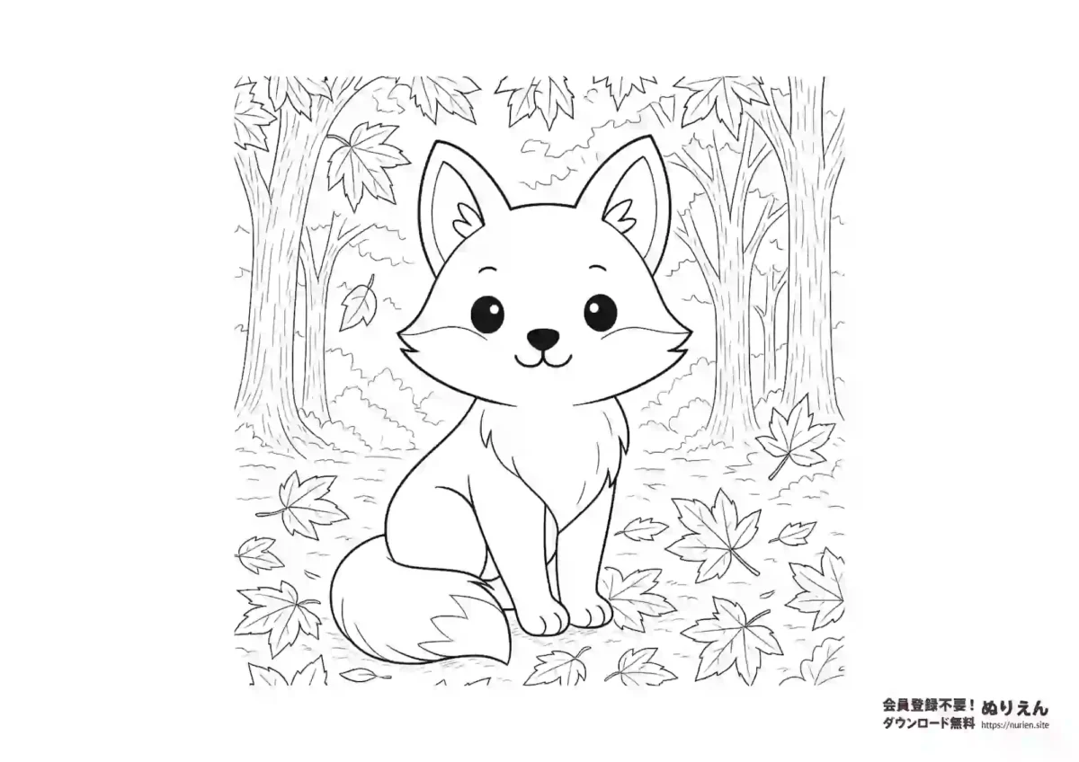 秋の森に座るかわいいキツネのぬりえ｜落ち葉と紅葉が舞う無料塗り絵素材