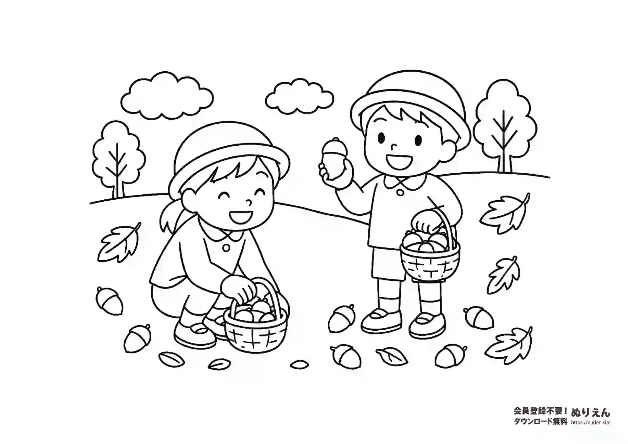 秋のどんぐり拾いを楽しむ子どもたちのぬりえ