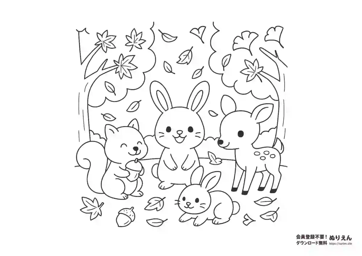 秋の森の動物たちの無料ぬりえ｜うさぎ・りす・しかのかわいい塗り絵素材