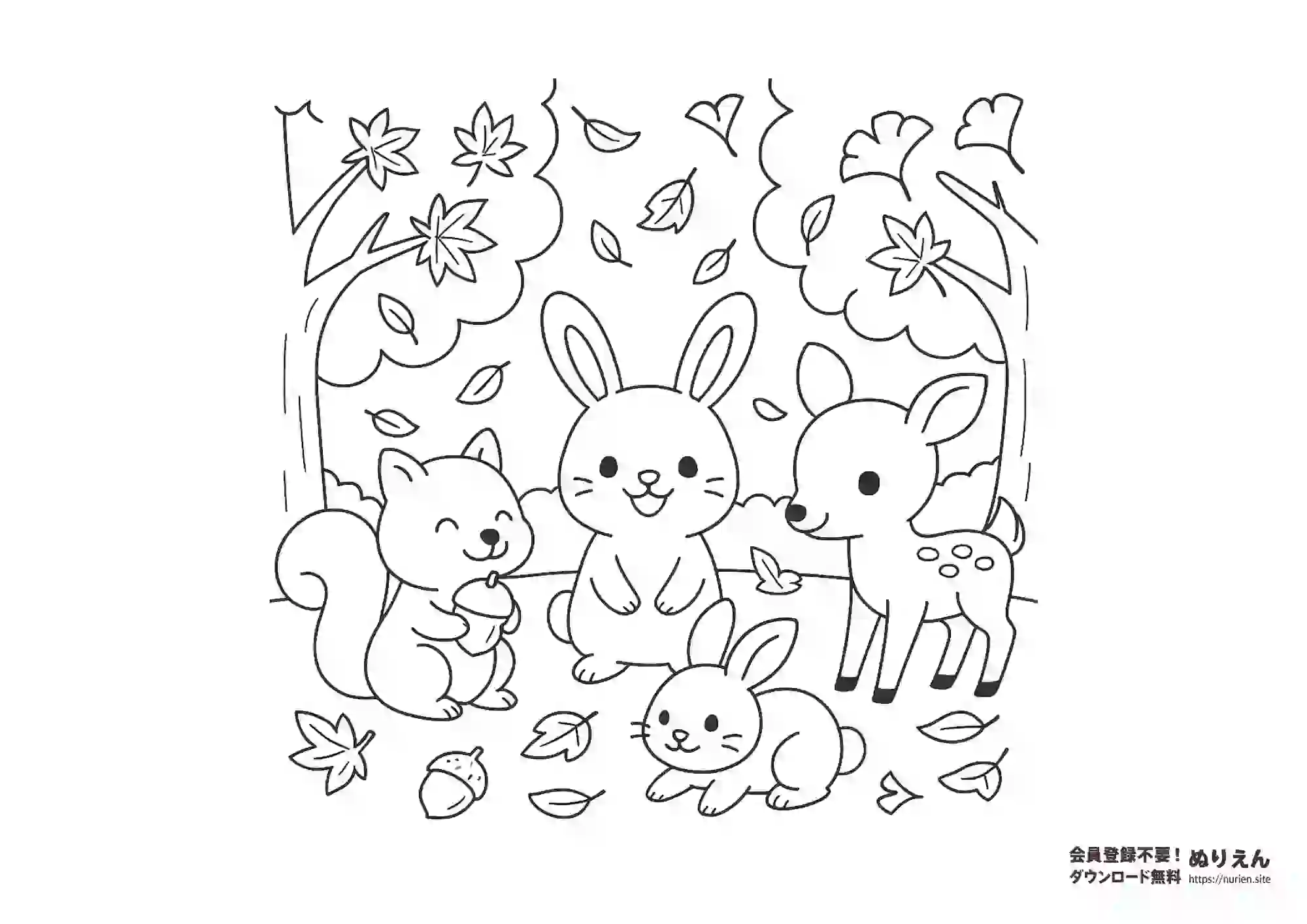 秋の森の動物たちの無料ぬりえ｜うさぎ・りす・しかのかわいい塗り絵素材