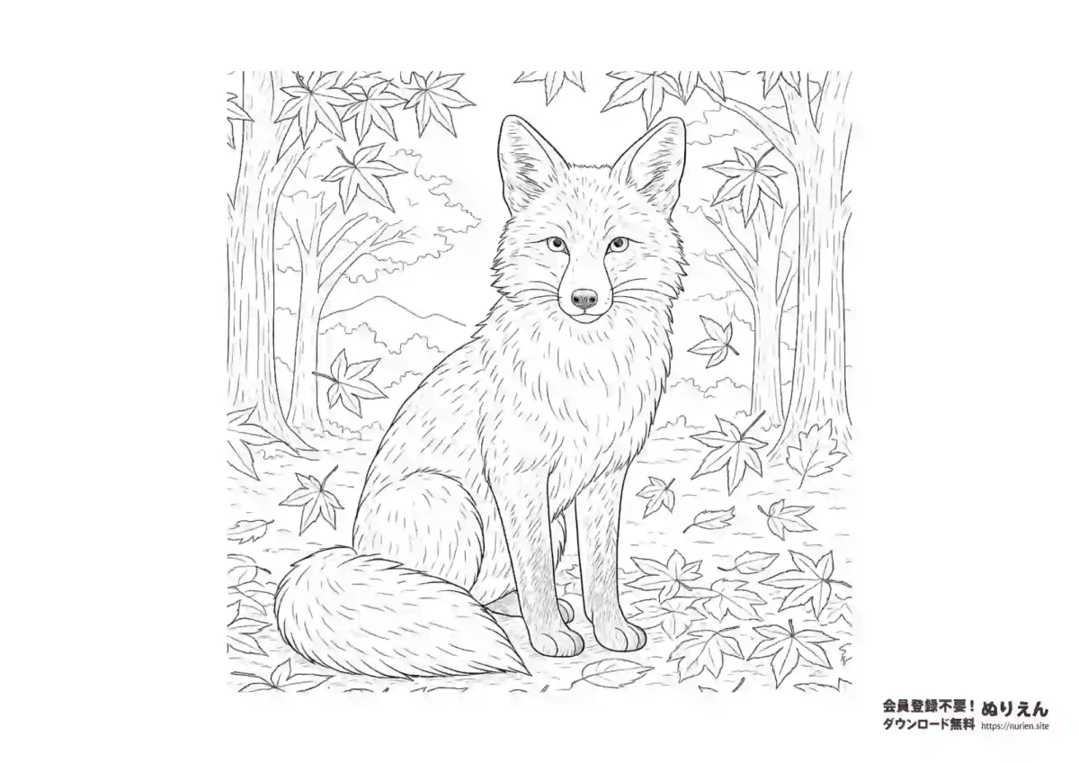 紅葉の森にいるキツネの無料ぬりえ｜秋の動物塗り絵素材