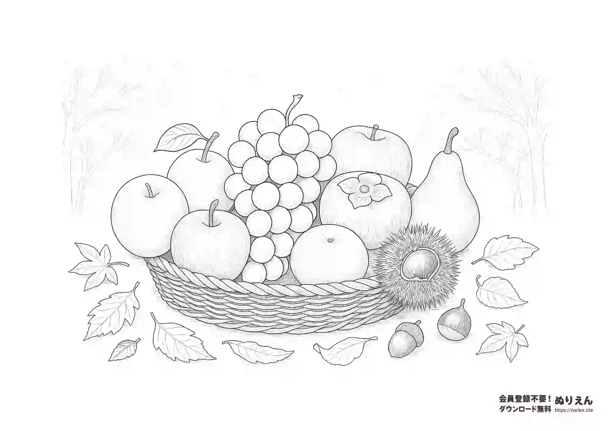 秋の果物かごの無料ぬりえ｜柿やぶどう・栗など季節の塗り絵素材