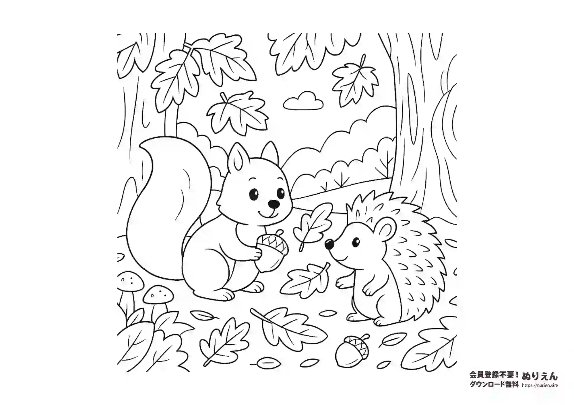 秋の森でどんぐりを拾うリスとハリネズミのかわいいぬりえ
