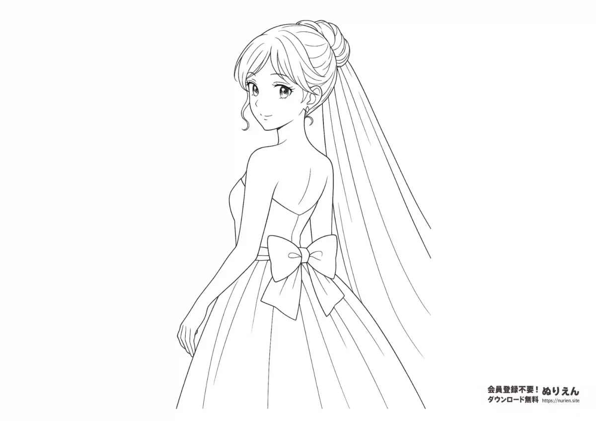ウェディングドレス姿の可憐な花嫁のぬりえ